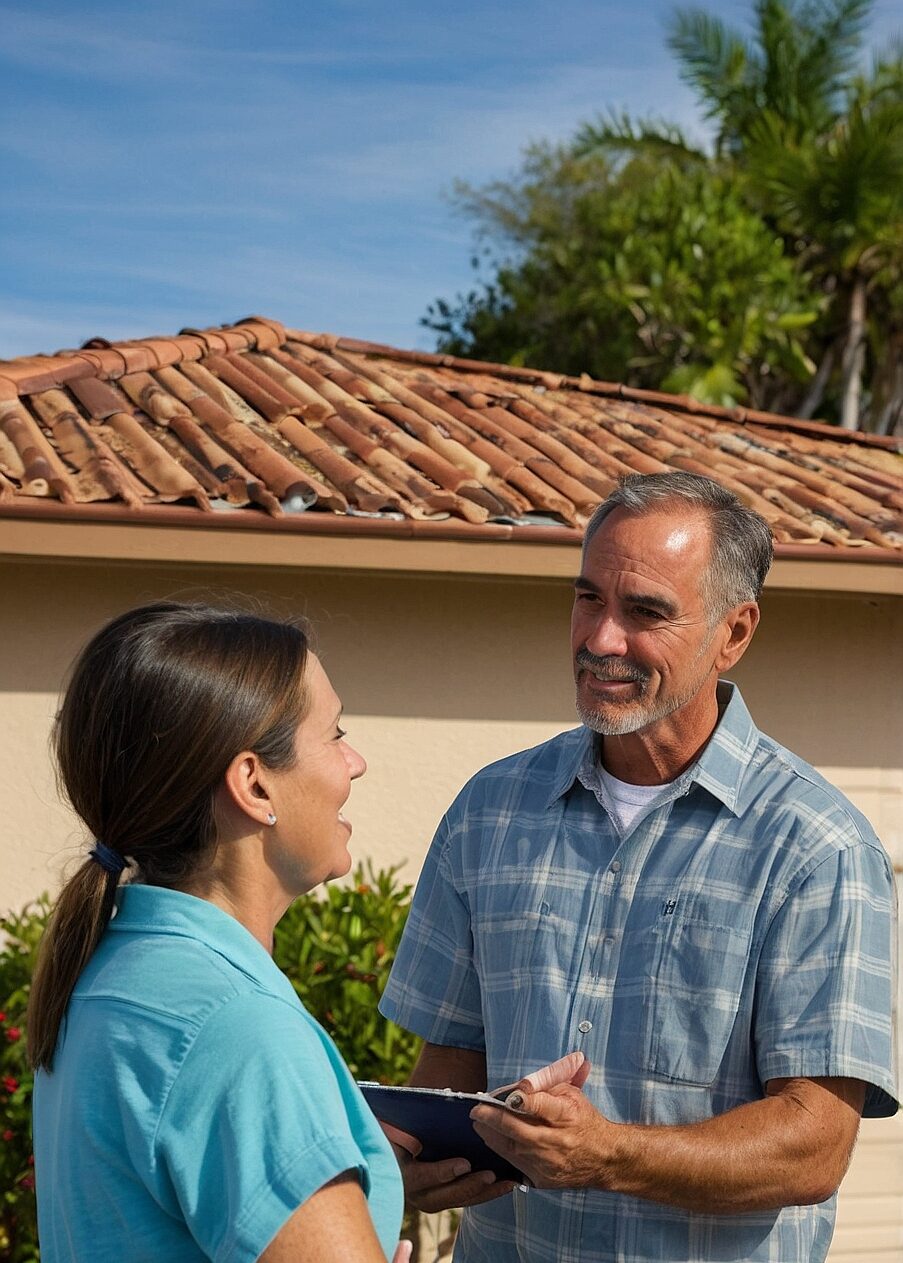 Roofing contractor in Naples, FL discussing insurance replacement for a new tile roof with a homeowner after storm damage.